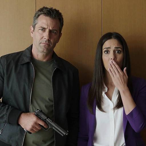 Serious man with gun and surprised woman in office setting