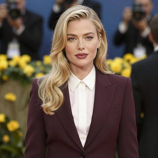 Photograph of a blonde woman with wavy hair, wearing a dark maroon blazer and white shirt, in front of a blurred background with yellow