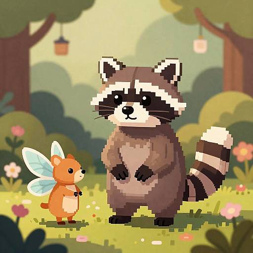 Whimsical Raccoon in Fairy Garden
