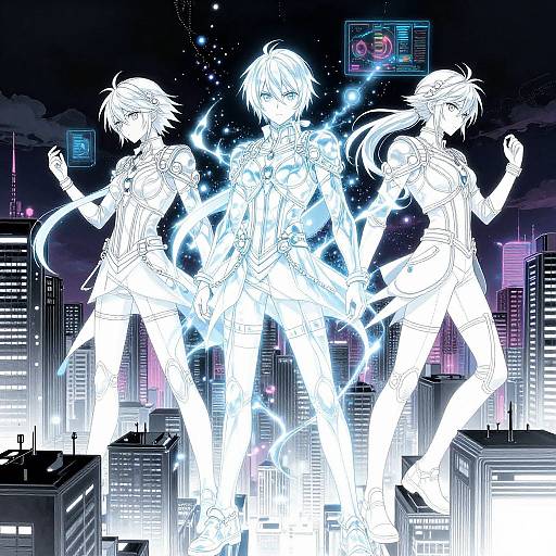 Digital anime artwork of three glowing, electric-powered characters in futuristic cityscape at night, with neon skyscrapers and cybernetic interfaces.
