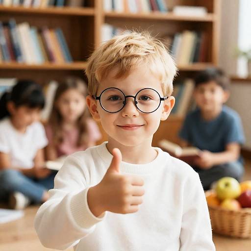 Smiling Boy Giving Thumbs Up in Classroom