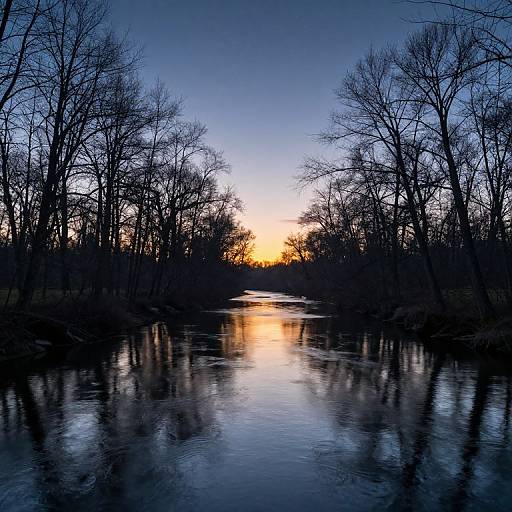 Photograph of a serene, reflective river at sunset, framed by silhouetted, leafless trees, with a gradient sky from blue to orange