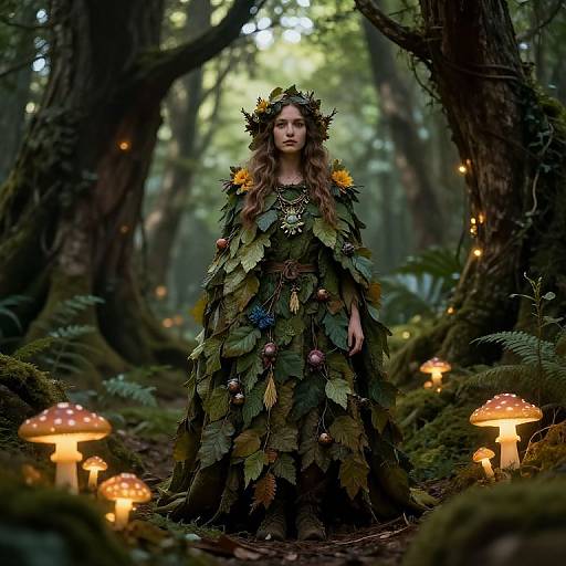 Photograph of a fair-skinned, long-haired woman in a leafy, fairy-like forest dress adorned with flowers and mushrooms, surrounded by glowing mushrooms