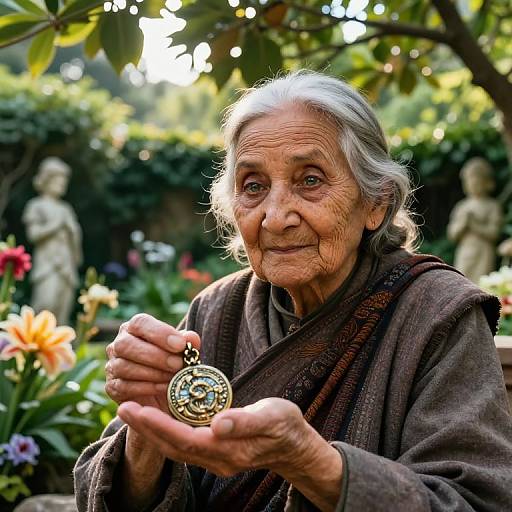 Photograph of an elderly woman with gray hair, wearing a brown shawl, holding an ornate pocket watch, surrounded by garden flowers and statues in