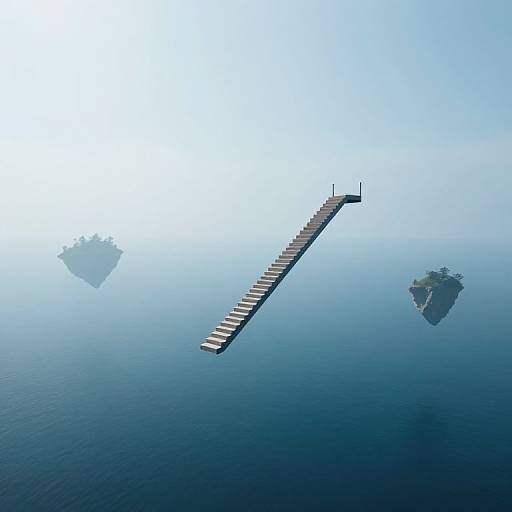 Photograph of a long, narrow wooden dock with steps floating in calm, blue water, reflecting two small, distant islands.