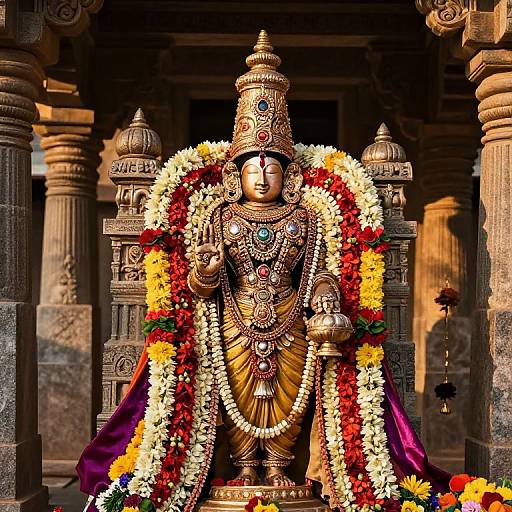 Photograph of a golden Hindu deity statue adorned with vibrant flower garlands and intricate jewelry, standing in an ornate temple.