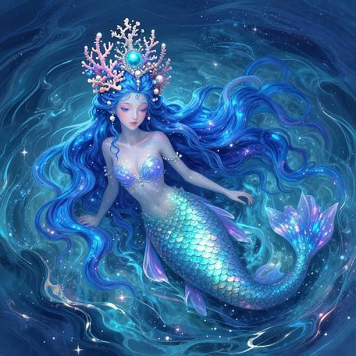 Digital painting of a serene mermaid with long, flowing blue hair, wearing a coral crown, lying in shimmering, starry ocean water.