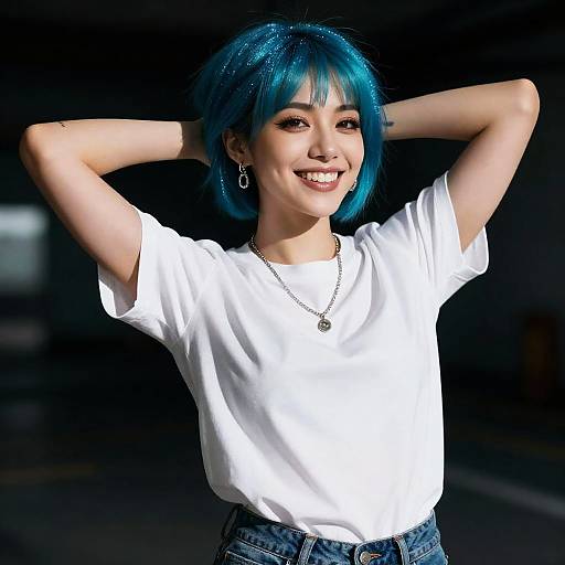 Smiling Woman with Aqua Glittery Hair
