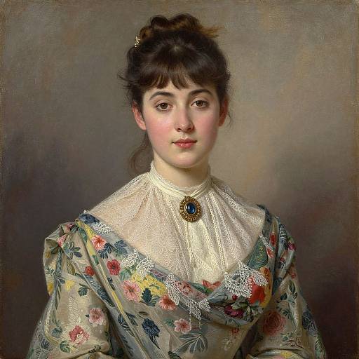 Victorian-era portrait painting of a fair-skinned woman with dark hair, wearing a floral-patterned dress with lace collar, and a jeweled bro