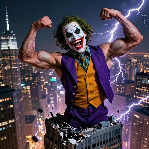 CGI image of muscular Joker with white face paint, purple vest, orange tie, and green hair, flexing, breaking building, lightning background.