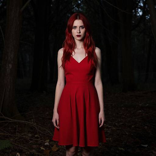 Photograph of a pale-skinned woman with long red hair, wearing a red sleeveless dress, standing in a dark, shadowy forest.
