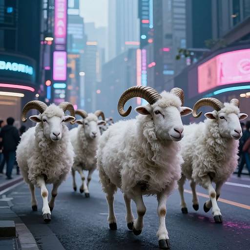 Surreal Horned Sheep in Cyberpunk City