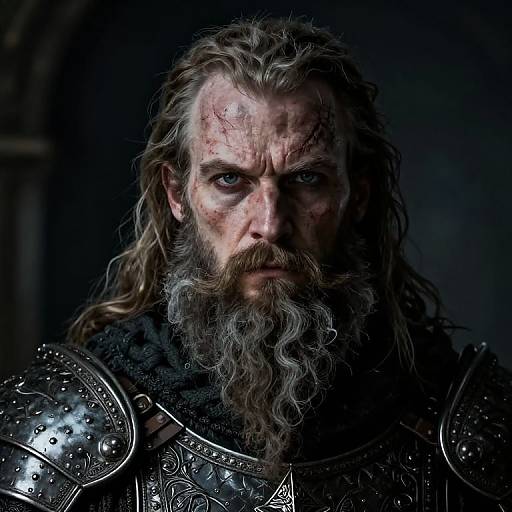 Photograph of a fierce, scarred, bearded Viking warrior with long, wavy hair, wearing detailed, shiny medieval armor, set against a