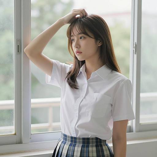 Asian Woman in School Uniform by Window