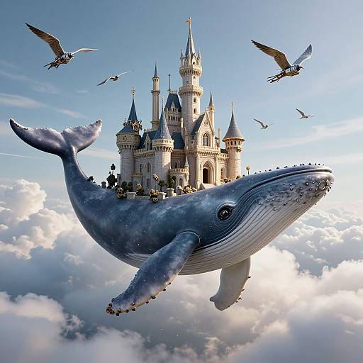 Fantastical CGI image of a giant blue whale carrying a whimsical castle with flying birds soaring above, set against a bright, cloudy sky.