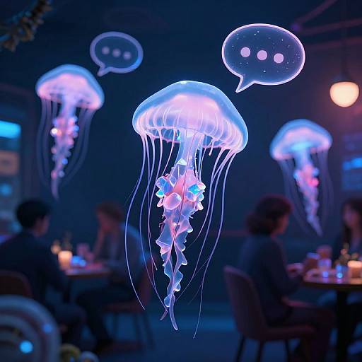 Photograph of glowing blue and purple jellyfish with speech bubbles above, floating above a dimly lit, bustling restaurant with patrons.