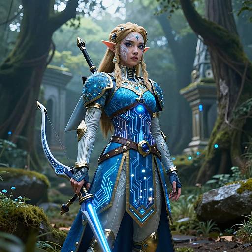 Digital art of a blonde elf woman in blue, glowing armor, holding a glowing sword, standing in a mystical forest with ancient ruins.