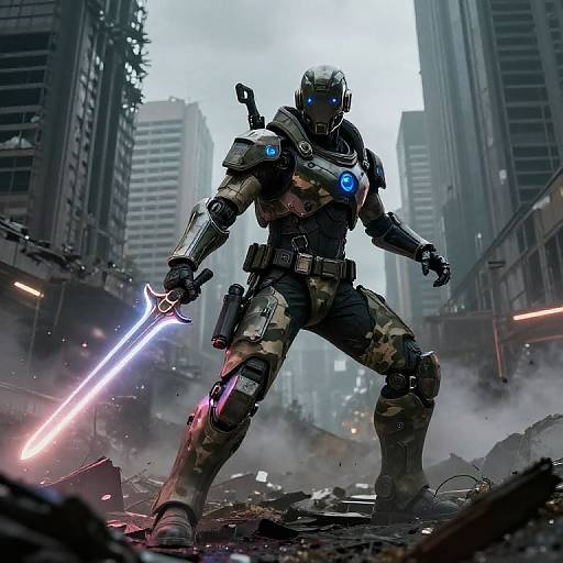 Digital artwork of a futuristic, armored warrior with glowing blue accents, holding a glowing blue sword, standing in a ruined, foggy urban battlefield.