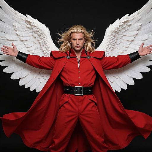 Digital art of a blonde, muscular man with white wings, wearing a red coat and pants, black belt, and black cuffs. He stands against a