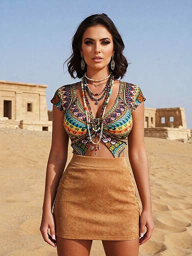Photograph of a dark-haired woman with olive skin in a colorful, patterned crop top and tan mini-skirt, standing in a sunlit,