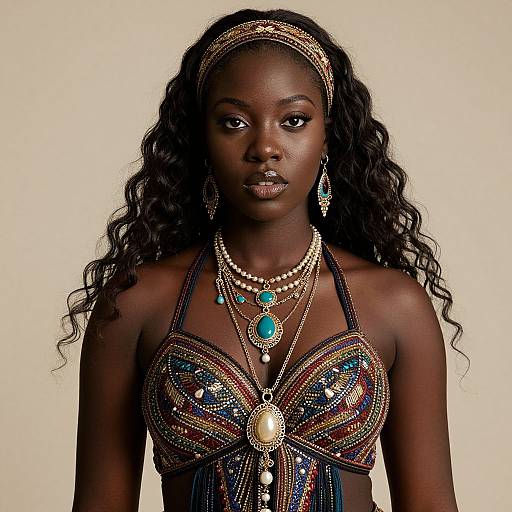 Photograph of a beautiful dark-skinned woman with long curly hair, wearing a beaded, colorful halter top and ornate jewelry with turquoise and