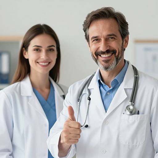 Photograph of smiling male doctor with grey beard and stethoscope, giving thumbs up, and female doctor in white lab coat, both in bright,