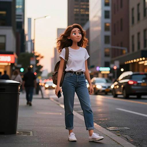 Photograph of a young woman with curly brown hair, white t-shirt, blue jeans, and white sneakers, walking on a sunlit urban street at