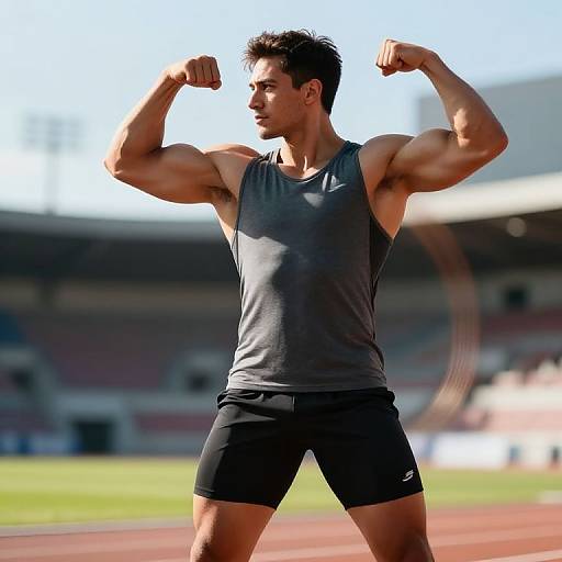 Wiry Athlete Flexing in Sunlit Stadium