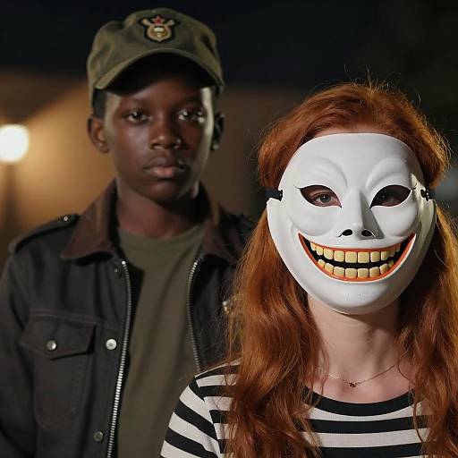 Two People at Night with Halloween Mask