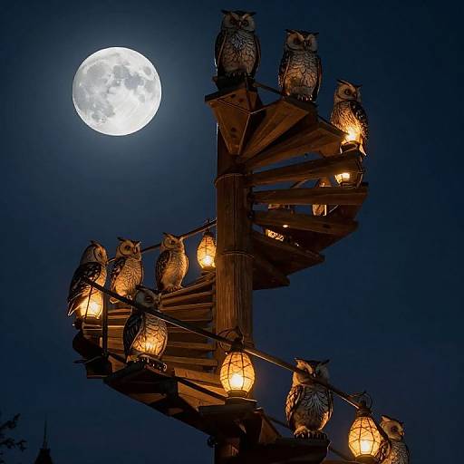Clockwork Owls Illuminating Moonlit Spiral