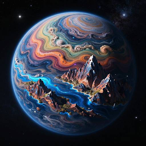 Vividly colored, swirling planet with bright orange, blue, and green marbled patterns, dark jagged mountains, and glowing blue rivers in space