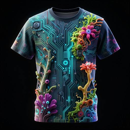 Neon Tech-Nature Fusion T-Shirt Design