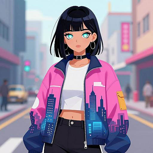 Digital anime-style illustration of a black-haired girl with blue eyes, wearing a pink jacket with cityscape design, white crop top, black pants, and