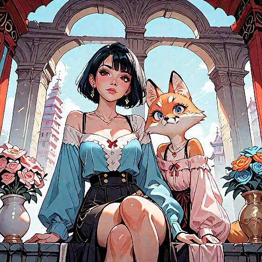 Two Girls Sitting on Rooftop Garden