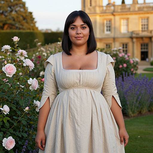 Photograph of a young South Asian woman with medium skin tone, black bob haircut, wearing a white, long-sleeve, square-neck dress,