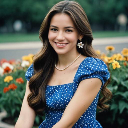 Smiling woman in blue polka dot dress