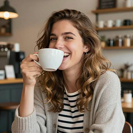 Joyful Woman Enjoying Coffee in Café