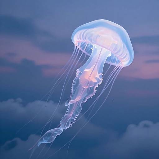 Photograph of a glowing, translucent jellyfish with long, flowing tentacles against a twilight sky, blending shades of blue and purple.