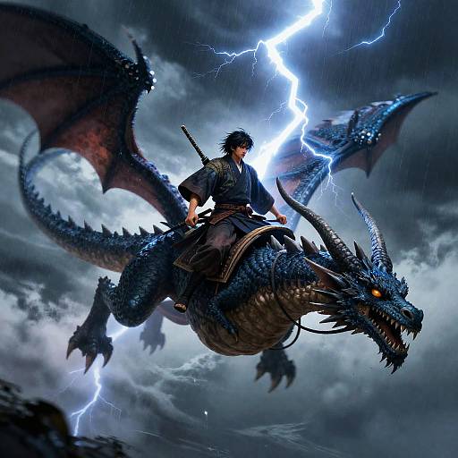 Samurai Astride Thunder-Drake in Storm
