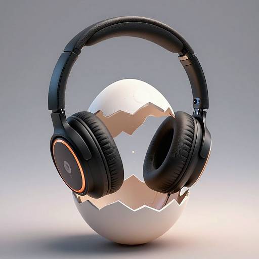 Photograph of black headphones with orange accents draped over a white, jagged-edged sphere against a gradient gray background.