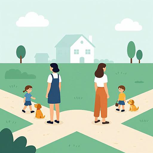Digital illustration of four people and two dogs at a crosswalk in a suburban neighborhood with a white house in the background. Children and adults wear casual clothes