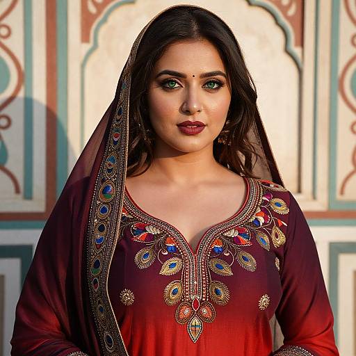Photograph of a beautiful South Asian woman with dark hair, green eyes, and red lips, wearing an ornate maroon lehenga with peacock