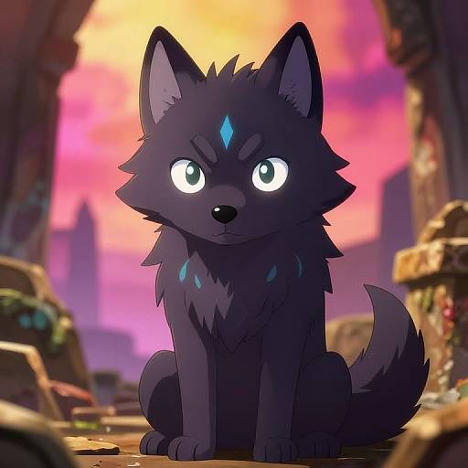 Digital illustration of a black, glowing-eyed, blue-accented wolf sitting in a colorful, sunset-lit, ruined cityscape background. Vibrant