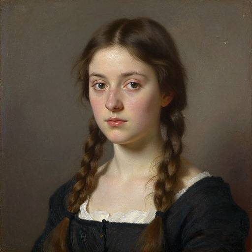 Classical oil painting of a young Caucasian girl with fair skin, brown braided hair, wearing a black dress with white lace collar, against a dark