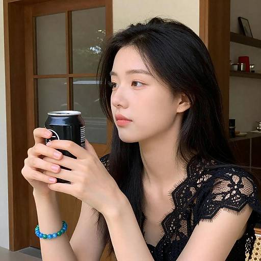 Elegant Asian Woman in Black Lace Top