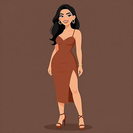Digital illustration of a confident woman with long black hair, wearing a tight, red, sleeveless dress with a high slit, brown high heels, gold