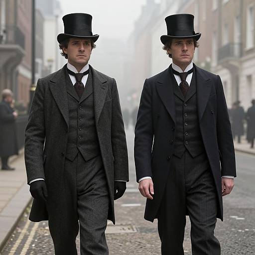 Photograph of two young men in Victorian-era black suits, pinstriped vests, black bow ties, and top hats, walking on a fog
