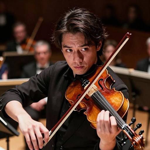 Photograph of a focused male violinist with dark hair, wearing a black shirt, playing a wooden violin in a dimly lit orchestra. Blurred