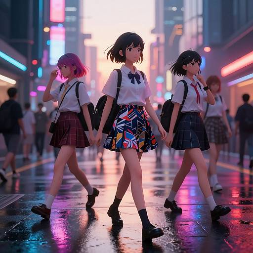 Digital anime artwork of Japanese schoolgirls in plaid skirts and white shirts holding hands, walking in a neon-lit, rain-soaked city street at