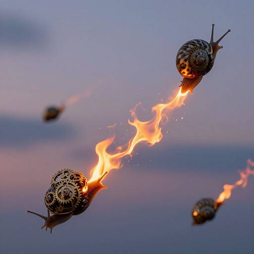 Photograph of four snails with spiral shells emitting bright orange flames against a twilight sky with purple and blue hues.
